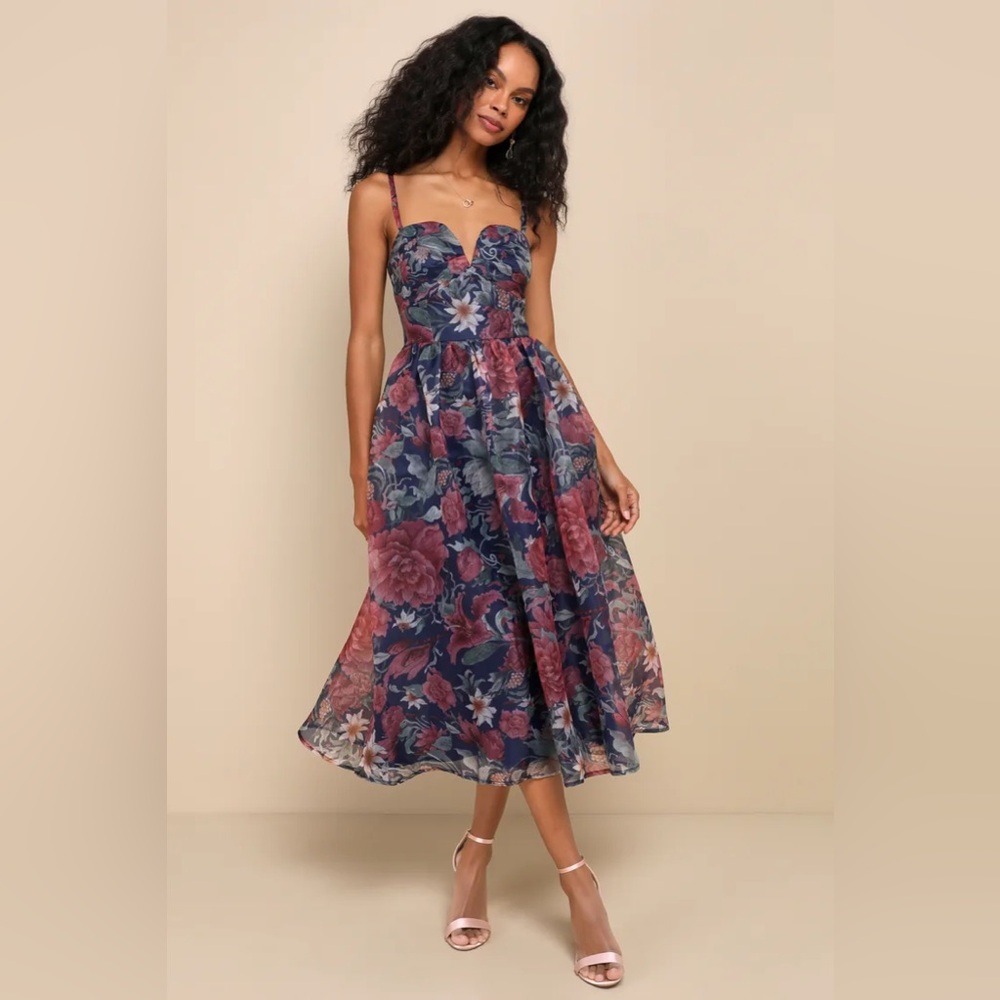 NWT, XS Lulus Cherished Aura Navy Blue Floral Organza Bustier Midi Dress
